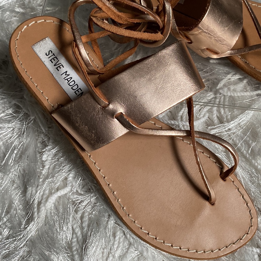 Steve Madden Women’s Leather Rose Gold Foil Bianca Lace Up Flat Sandals